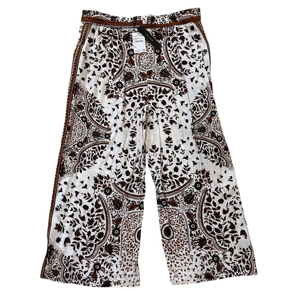Tahari Women's White and Brown Floral Wide-Leg Lightweight Cropped Pants NWT - L